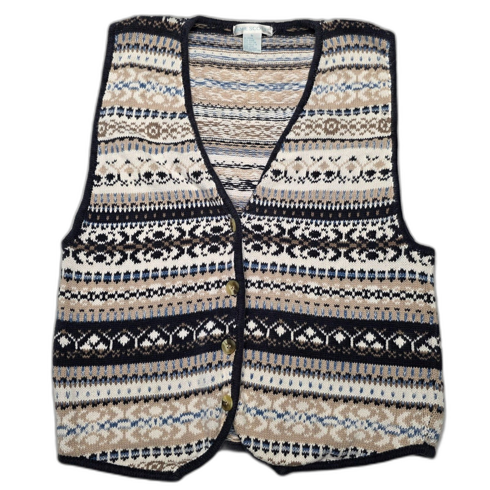 Vintage Jamie Scott Fair Isle Pattern Cardigan Sweater Vest Womens M Knit 1990s